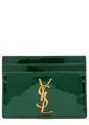 Saint Laurent Logo Patent Leather Card Holder In Dark Green