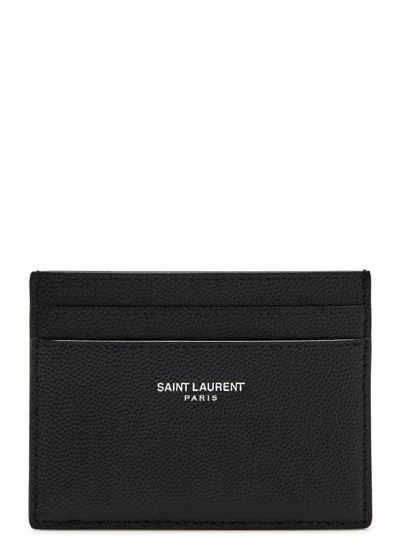 Saint Laurent Logo Pebbled Leather Card Holder In Black