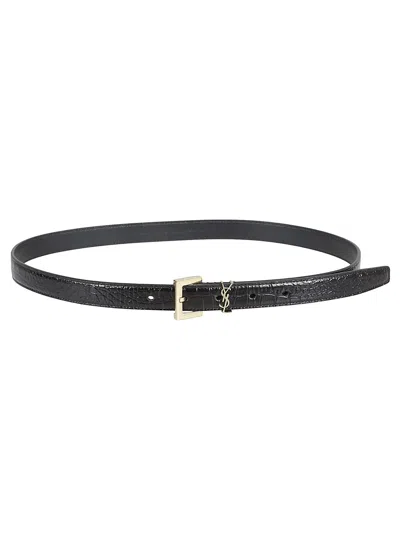 Saint Laurent Black Thin Belt With Square Buckle And Cassandre In Crocodile-embossed Leather Woman