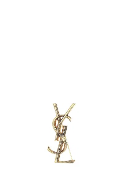 Saint Laurent Logo Plaque Brooch In Gold