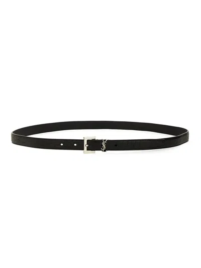 Saint Laurent Logo Plaque Buckled Belt In Black
