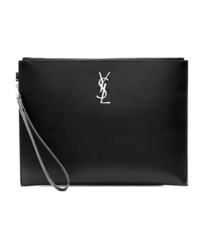 Saint Laurent Logo Plaque Clutch Bag In Black