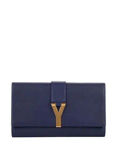 Pre-owned Saint Laurent Logo-plaque Clutch Bag In Blue