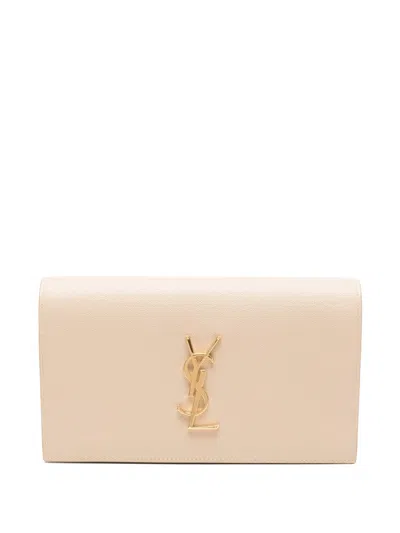 Saint Laurent Logo-plaque Clutch Bag In Neutral