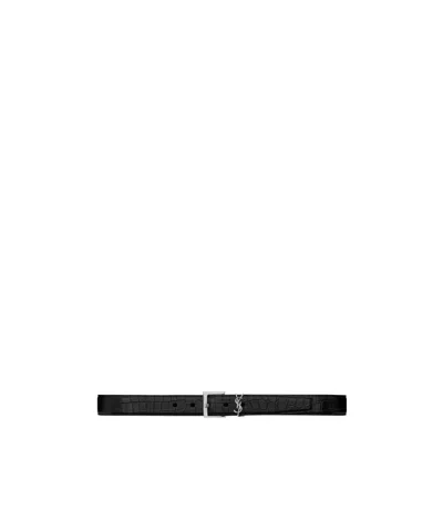 Saint Laurent Logo Plaque Crocodile-effect Belt In Black