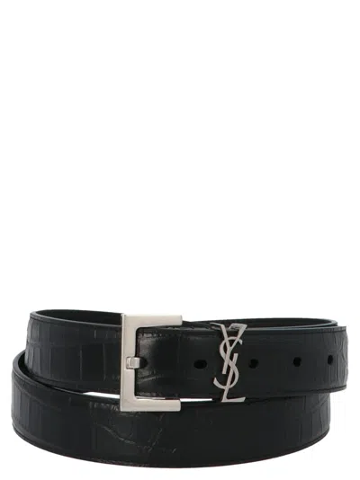 Saint Laurent Logo Plaque Embossed Belt In Black