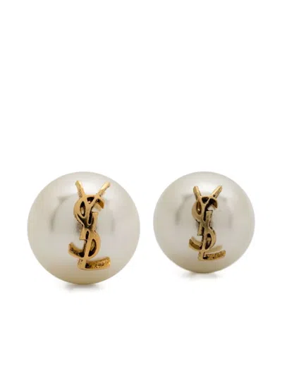 Saint Laurent Logo-plaque Faux-pearl Earrings In Gold