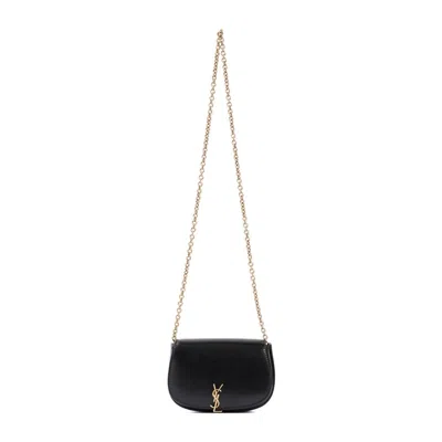 Saint Laurent Logo Plaque Foldover Top Mini Clutch Bag In Black