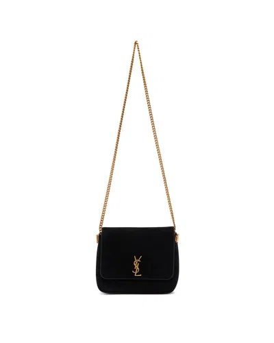 Saint Laurent Logo Plaque Foldover Top Shoulder Bag In Black