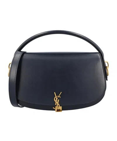 Saint Laurent Logo Plaque Foldover Top Shoulder Bag In Blue