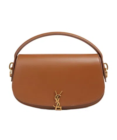 Saint Laurent Logo Plaque Foldover Top Tote Bag In Brown
