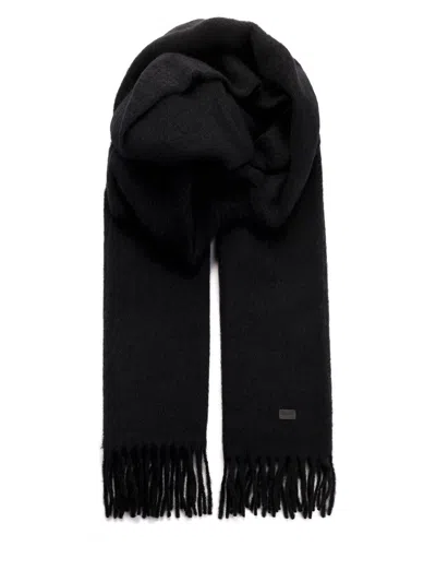 Saint Laurent Logo Plaque Fringed Scarf In Black