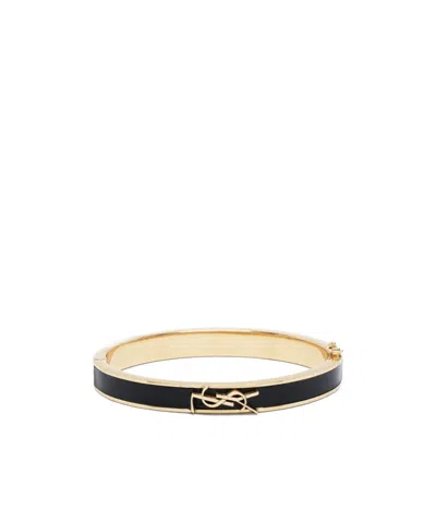 Saint Laurent Logo-plaque Leather Bangle In Black
