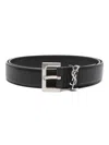 Saint Laurent Squared Buckle Smooth Leather Cassandre Thin Belt Accessories In Black