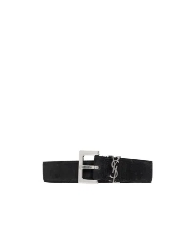 Saint Laurent Logo-plaque Leather Belt In Black