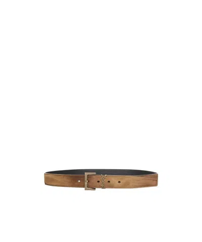 Saint Laurent Logo-plaque Leather Belt In Green