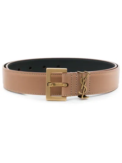 Saint Laurent Logo-plaque Leather Belt In Nude
