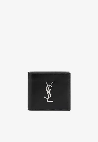 Saint Laurent Logo Plaque Leather Bi-fold Wallet In Black
