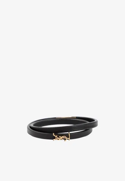 Saint Laurent Logo-plaque Leather Bracelet In Black