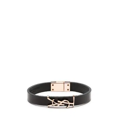 Saint Laurent Logo-plaque Leather Bracelet In Blue