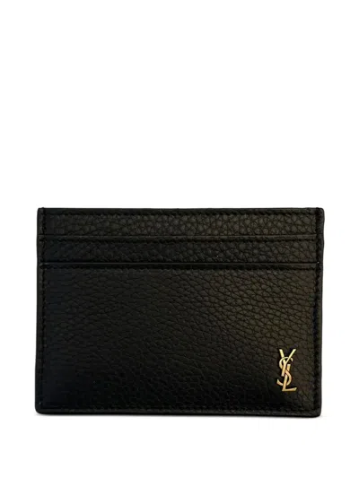 Saint Laurent Logo Plaque Leather Card Holder In Black