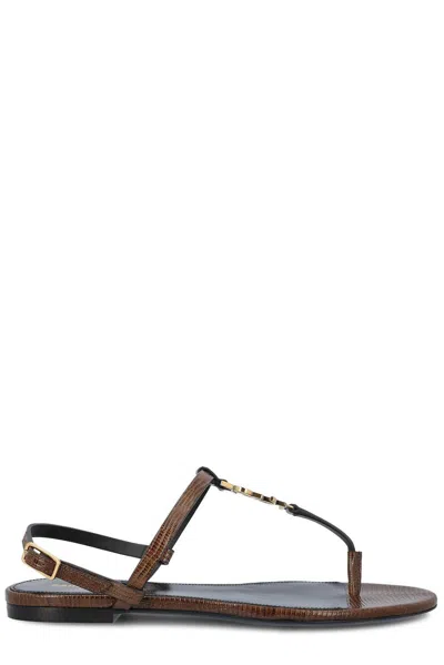 Saint Laurent Logo Plaque Open Toe Sandals In Macadamia Brown