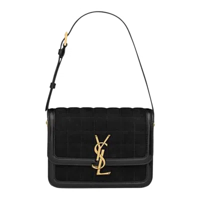 Pre-owned Saint Laurent Logo Plaque Quilted Shoulder Bag 'black'