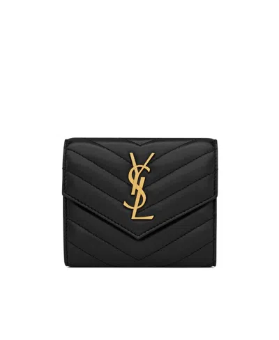 Saint Laurent Logo-plaque Quilted Wallet In Black