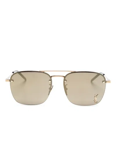 Saint Laurent Logo-plaque Square-frame Sunglasses In Gold