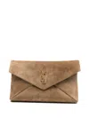 Saint Laurent Logo-plaque Suede Clutch Bag In Neutral