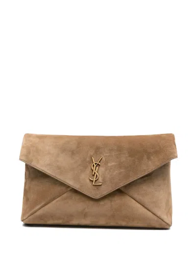 Saint Laurent Logo-plaque Suede Clutch Bag In Neutral
