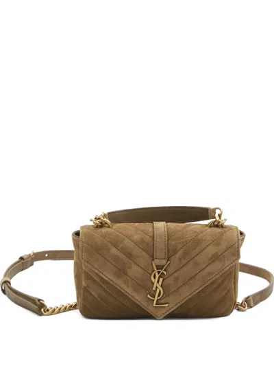 Saint Laurent Logo-plaque Suede Cross-body Bag In Brown