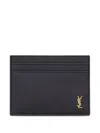 Saint Laurent Tiny Cassandre Card Case In Grained Leather In Blue