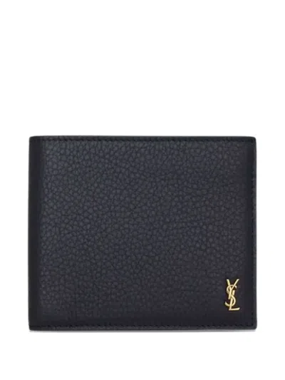 Saint Laurent Compact Cassandre East West Leather Wallet In Black