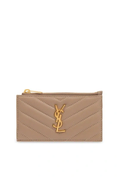 Saint Laurent Logo Plaque Zip In Beige