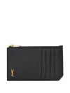 Saint Laurent Tiny Cassandre Fragments Zip Card Case In Grained Leather In Black