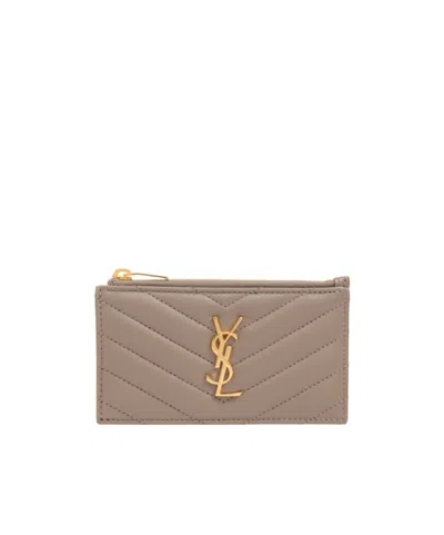Saint Laurent Logo Plaque Zip-up Cardholder In Neutral