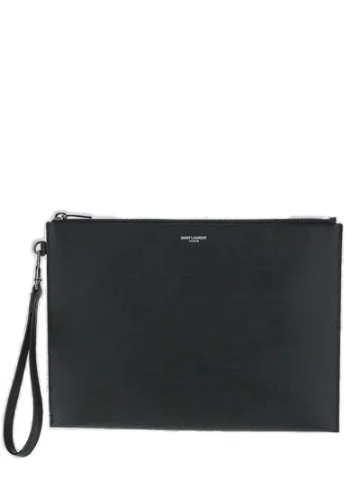 Saint Laurent Embossed-logo Clutch Bag In Black