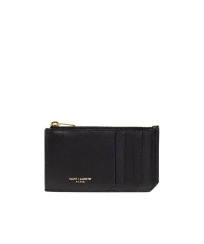 Saint Laurent Logo Printed Zip-up Card Holder In Black