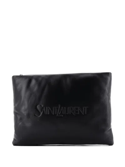 Pre-owned Saint Laurent Logo Puffy Pouch Embossed Leather Large Clutch Bag In Black