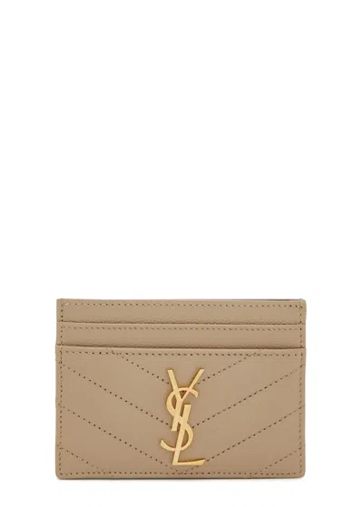 Saint Laurent Logo Quilted Leather Card Holder In Beige