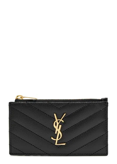 Saint Laurent Logo Quilted Leather Card Holder In Black