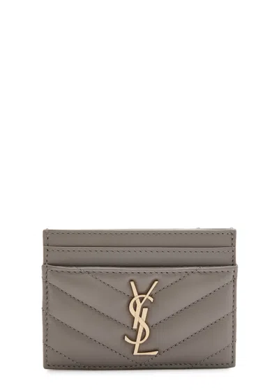 Saint Laurent Logo Quilted Leather Card Holder In Grey