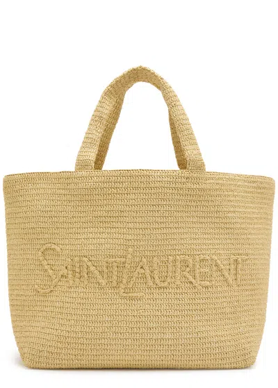 Saint Laurent Logo Raffia Tote In Burgundy