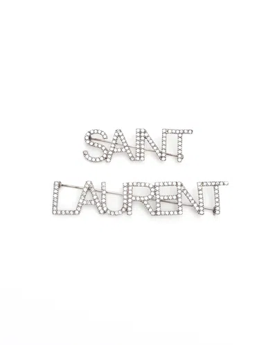 Saint Laurent Logo Rhinestone Brooch In Metallic