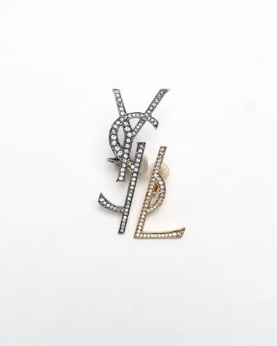 Saint Laurent Logo Rhinestone Earrings In Gray