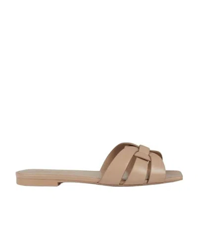 Saint Laurent Logo Square Topless Flat Slippers In Neutral