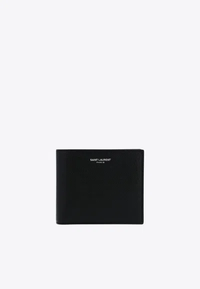 Saint Laurent Logo Stamp Calf Leather Wallet In Black