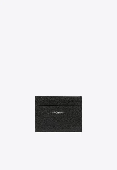 Saint Laurent Logo Stamp Grained Leather Cardholder In Black