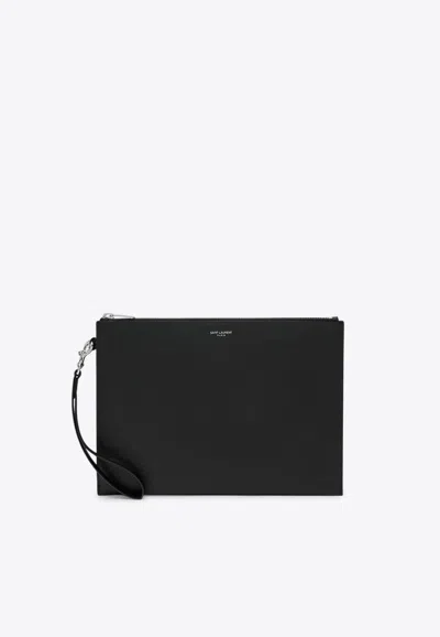Saint Laurent Logo Stamp Leather Zip Pouch Bag In Black